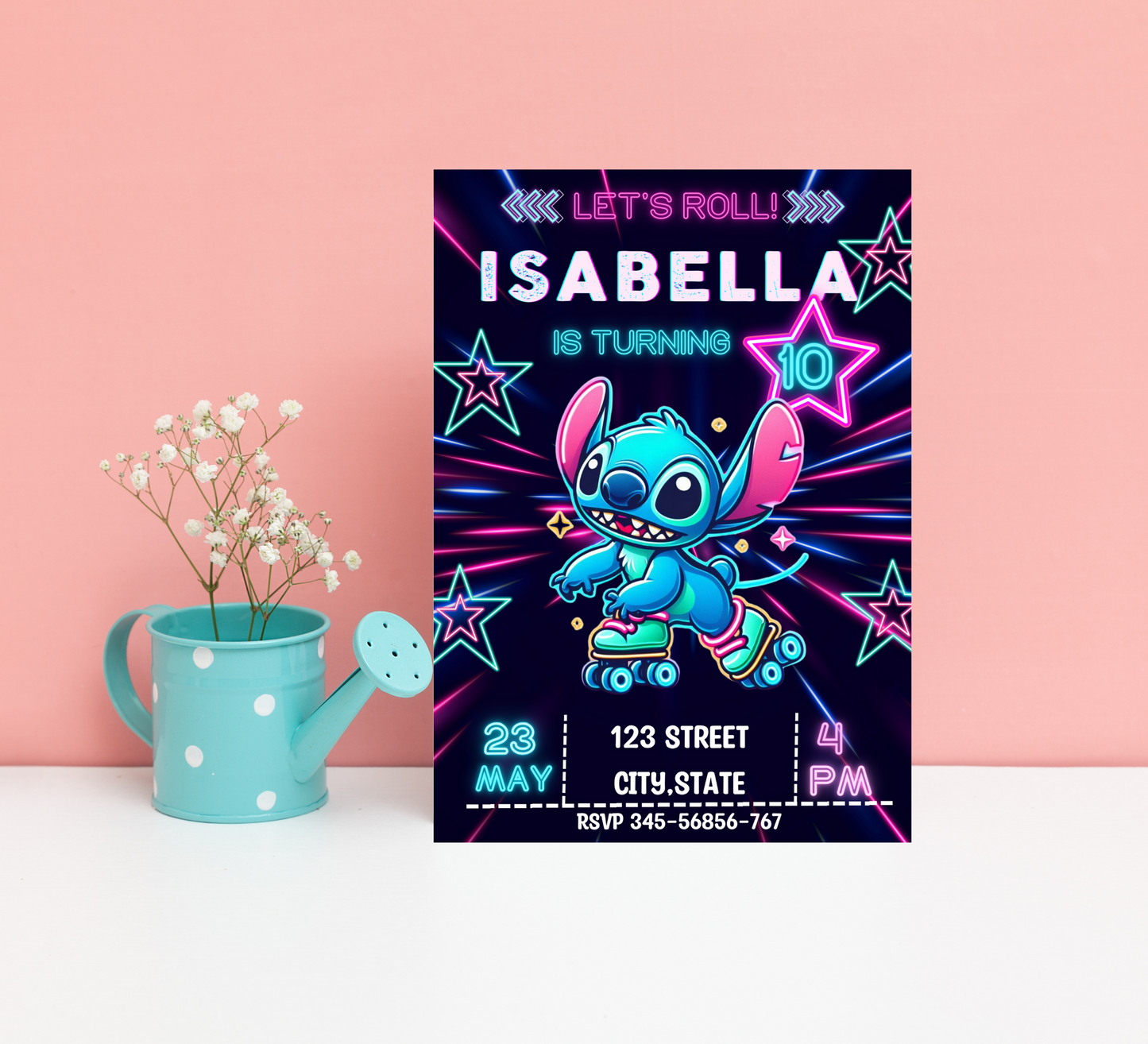 Stitch Neon Roller Skating Birthday Invitation | Glow Party Invite | Editable Canva Template | Blue Neon Skate Party Birthday Invitation