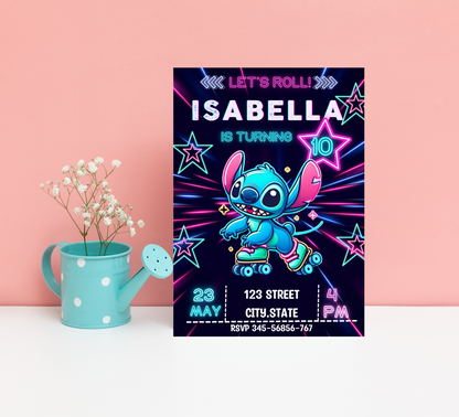 Stitch Neon Roller Skating Birthday Invitation | Glow Party Invite | Editable Canva Template | Blue Neon Skate Party Birthday Invitation