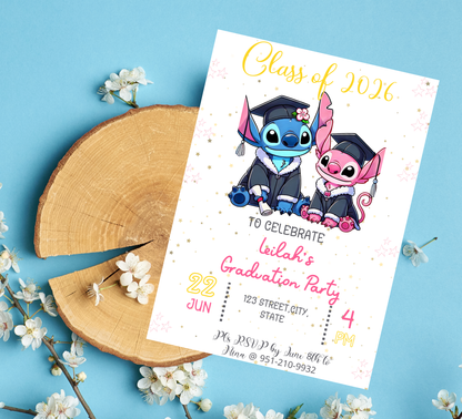 Stitch & Angel Graduation Invitation | Kindergarten & School Moving Up Party | Editable Canva Template | Stitch Graduation Announcement | Pink & Blue School Leavers Invite