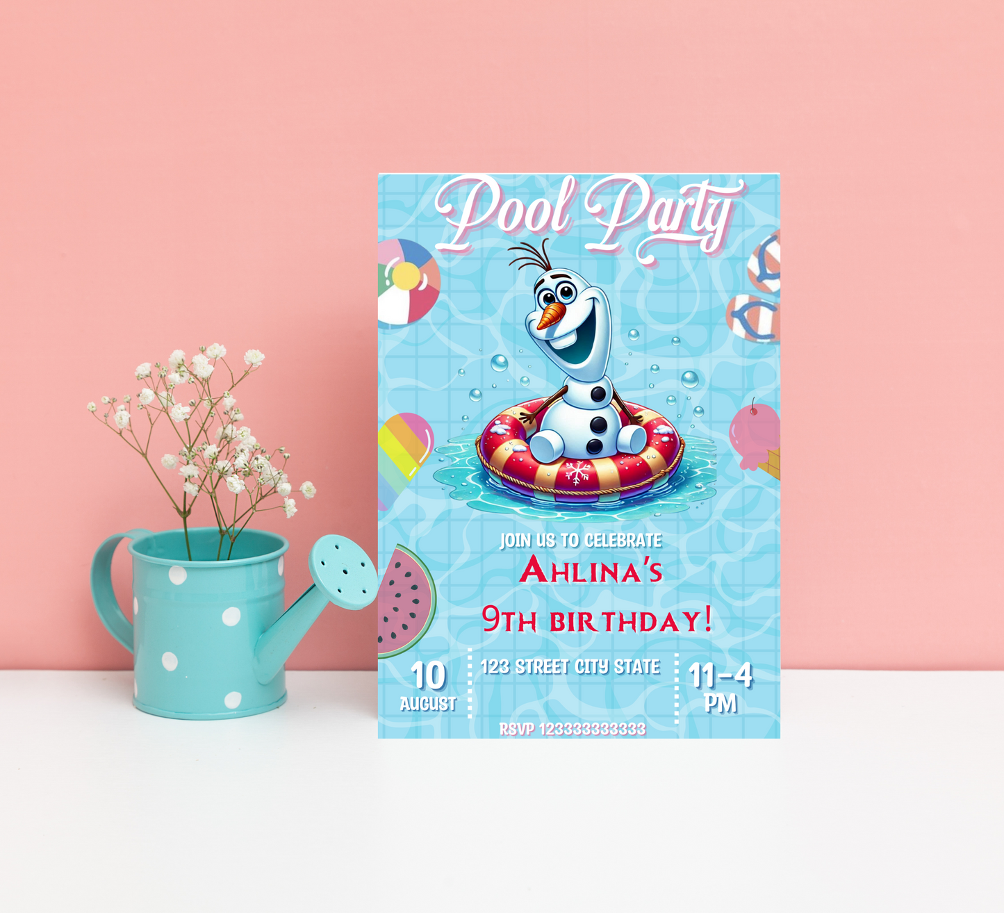 Olaf Frozen Pool Birthday Invitation | Editable Canva Template | Summer Swim Party Invite | Printable Kids Birthday Invitation