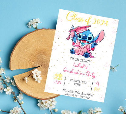 Stitch Pink Graduation Invitation | Kindergarten & School Celebration | Cute Editable Canva Template | Girls Graduation Party Printable