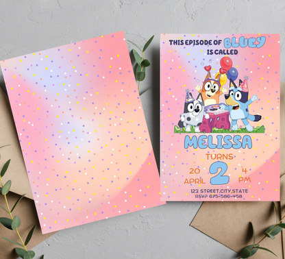 Bluey Pink Gradient Birthday Invitation | Cute Girls Party Invite | Editable Canva Template