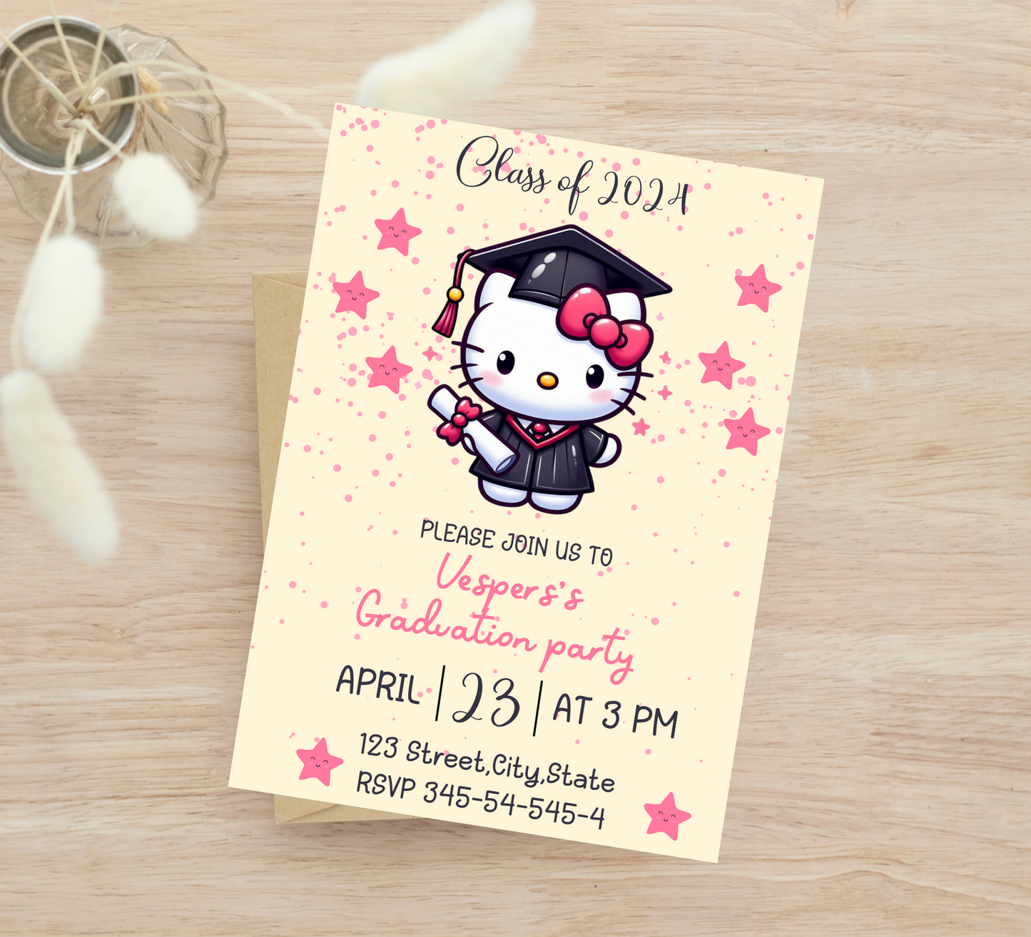 Hello Kitty Kawaii Graduation Invitation | Preschool, Kindergarten & School Editable Canva Template | Cute Pink Printable Graduation Invite