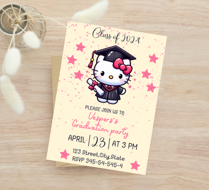 Hello Kitty Kawaii Graduation Invitation | Preschool, Kindergarten & School Editable Canva Template | Cute Pink Printable Graduation Invite