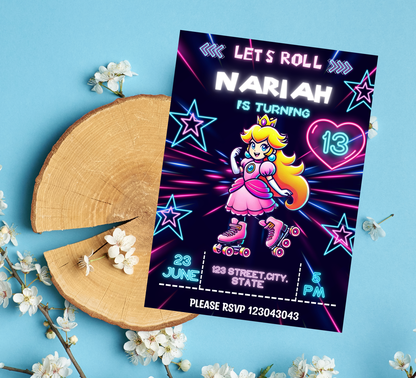 Mario Brothers Princess Peach Roller Skating Neon Birthday Invitation | Glow Party Editable Canva Template
