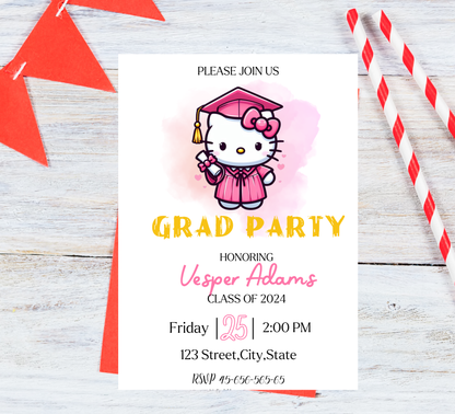Hello Kitty Graduation Invitation | Kindergarten & School Celebration | Editable Canva Template