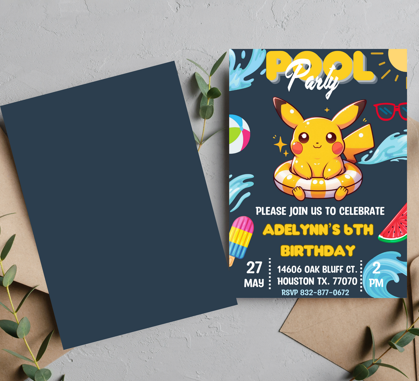 Pikachu Pokémon Pool Party Birthday Invitation | Summer Splash Invite | Editable Template
