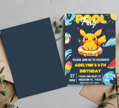 Pikachu Pokémon Pool Party Birthday Invitation | Summer Splash Invite | Editable Template