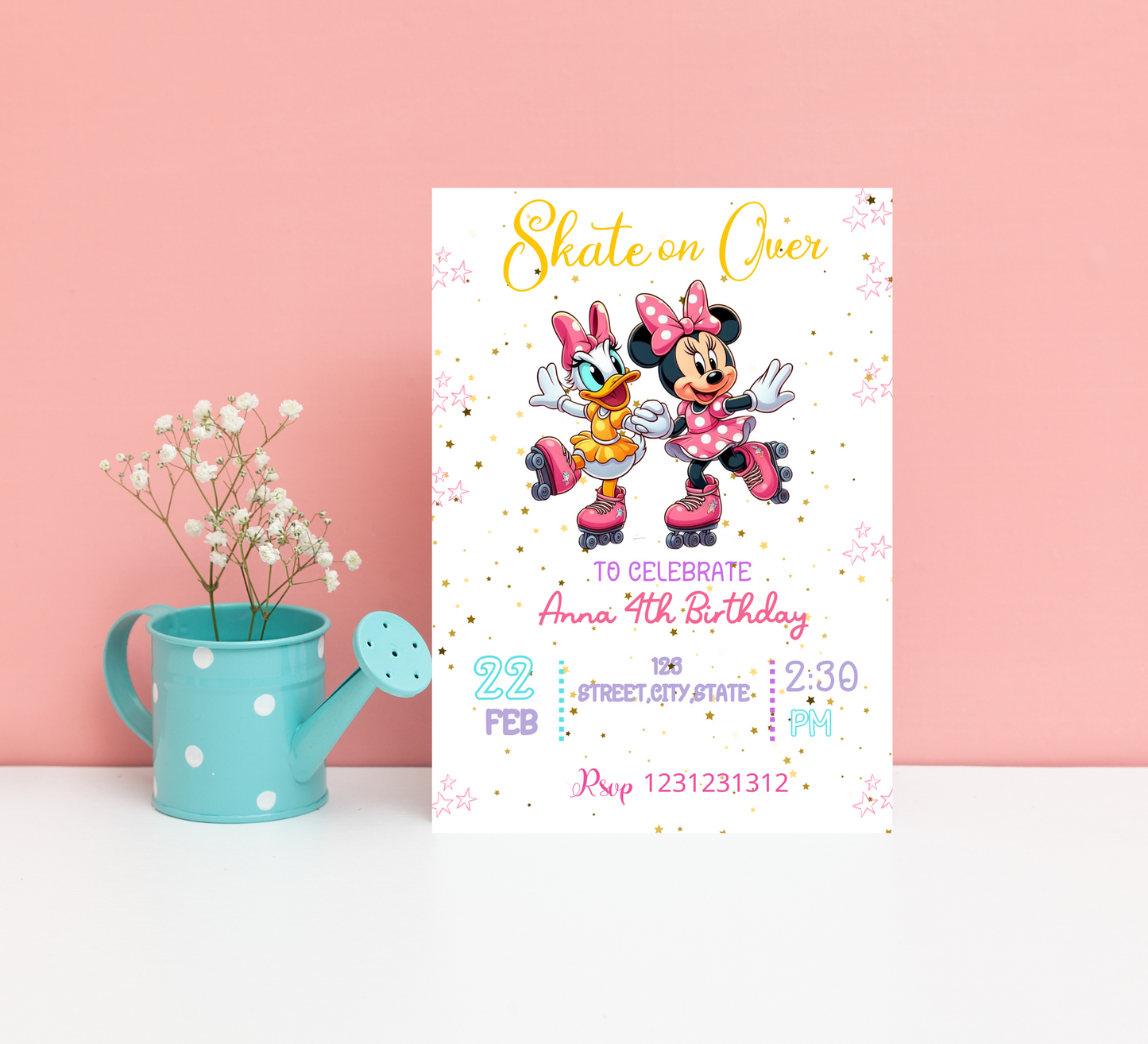 Minnie Mouse & Daisy Duck Roller Skating Birthday Invitation | Cute Skating Rink Party Invite | Editable Canva Template | Pink Disney Birthday Invitation