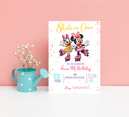 Minnie Mouse & Daisy Duck Roller Skating Birthday Invitation | Cute Skating Rink Party Invite | Editable Canva Template | Pink Disney Birthday Invitation