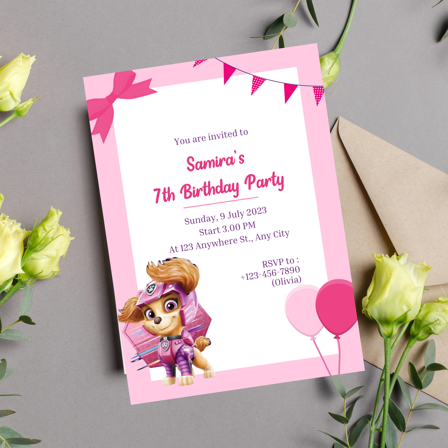 Paw Patrol Skye Pink Birthday Invitation | Girl Puppy Party Invite | Editable Template