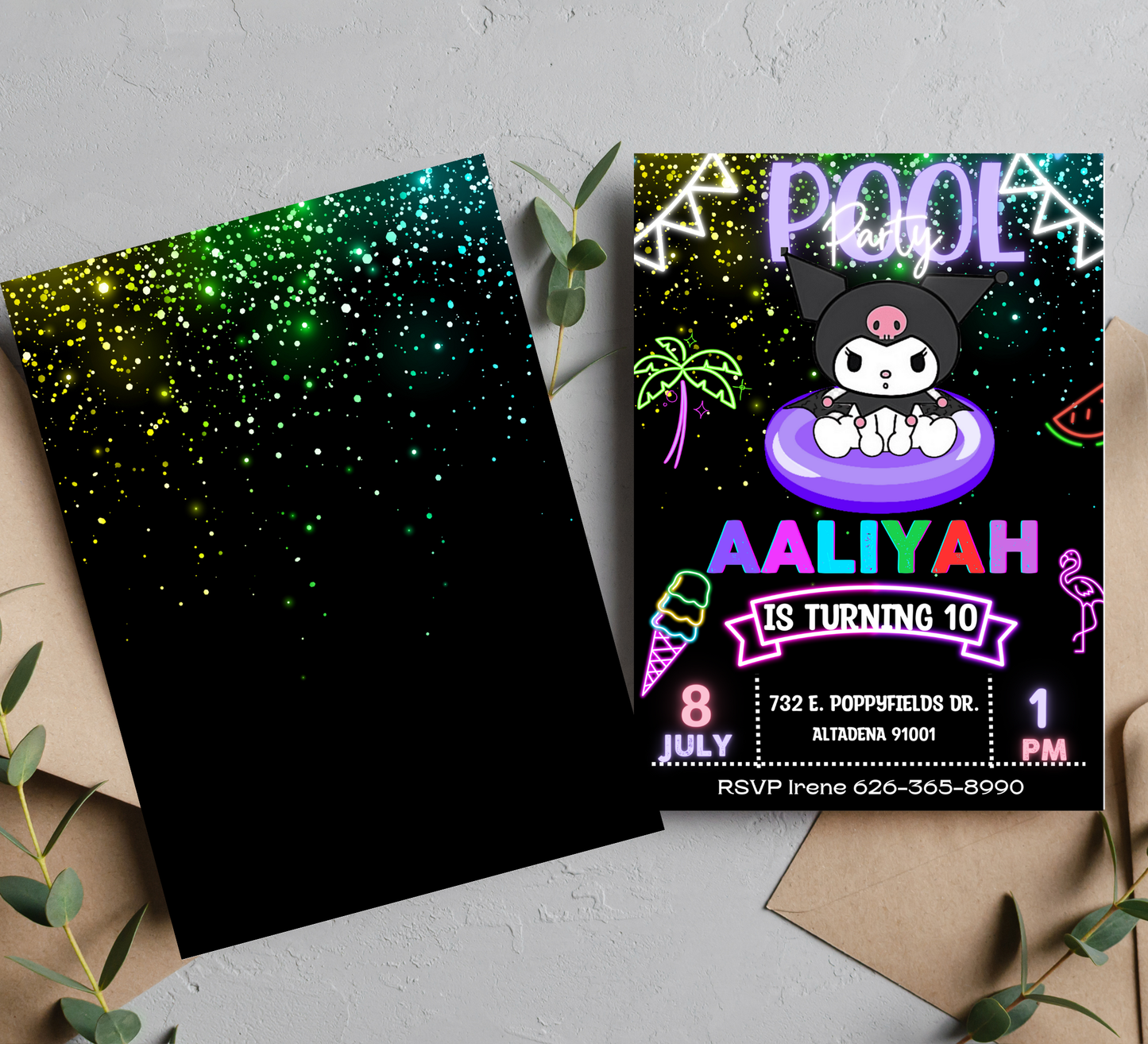 Kuromi Pool Birthday Invitation | Kawaii Summer Swim Party | Editable Canva Template | Purple & Black Sanrio Birthday Invite | Cute Edgy Girls Pool Bash