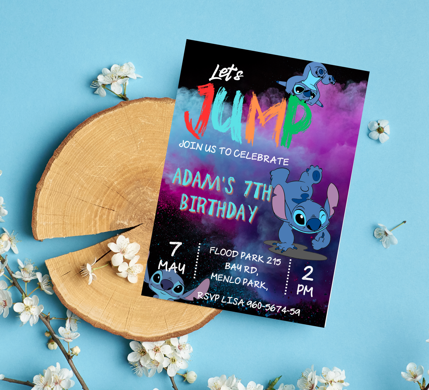 Stitch Jump Neon Birthday Invitation 🌈✨ | Glow Party Invite | Editable Canva Template