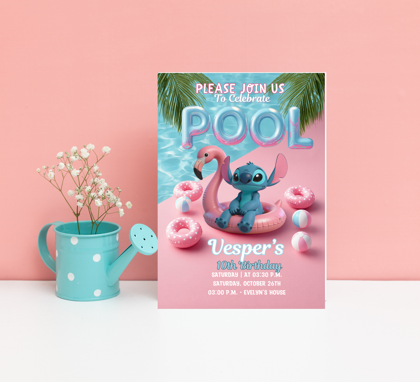 Stitch Pool Party Birthday Invitation – Editable Canva Template – Tropical Summer Swim Party Invite – Blue Alien Splash Birthday Invitation