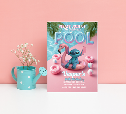 Stitch Pool Party Birthday Invitation – Editable Canva Template – Tropical Summer Swim Party Invite – Blue Alien Splash Birthday Invitation