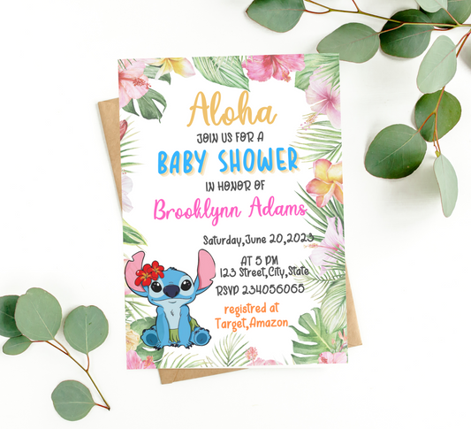 Stitch Aloha Baby Shower Invitation | Hawaiian Tropical Baby Shower Invite | Editable Canva Template | Printable Island Theme Invitation