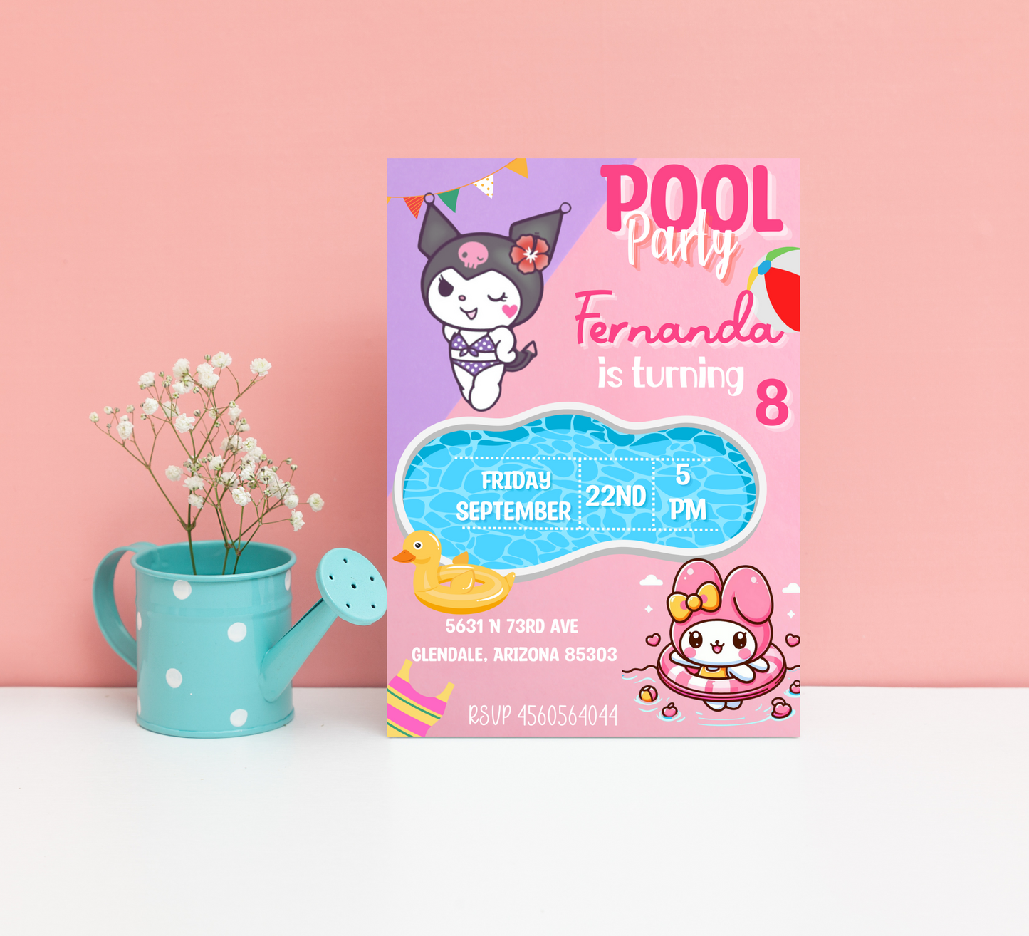 Kuromi & My Melody Kawaii Pool Birthday Invitation | Cute Summer Swim Party | Editable Canva Template | Printable Anime Birthday Invite