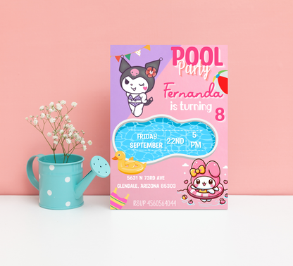 Kuromi & My Melody Kawaii Pool Birthday Invitation | Cute Summer Swim Party | Editable Canva Template | Printable Anime Birthday Invite