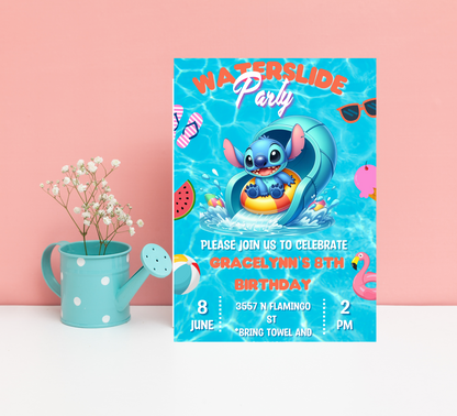 Stitch Waterslide Pool Birthday Invitation | Editable Canva Template | Tropical Swim Party Invite | Printable Summer Birthday Invitation