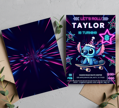 Stitch Neon Roller Skating Birthday Invitation | Glow Party Skating Rink Invite | Editable Canva Template | Cute Kawaii Stitch Birthday Invitation
