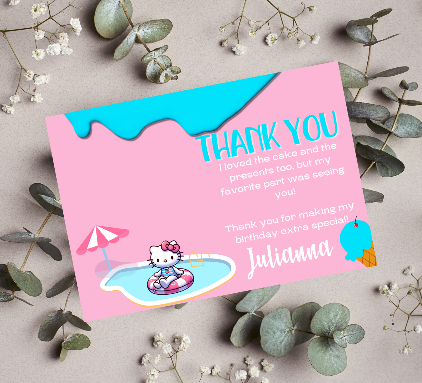 Hello Kitty Pink Pool Birthday Invitation | Kawaii Summer Swim Party | Editable Canva Template