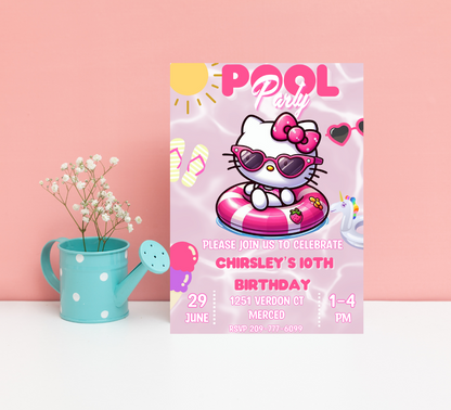 Hello Kitty Pink Pool Party Invitation | Self-Editable in Canva | Kawaii Summer Swim Birthday Invitation | Printable Template |