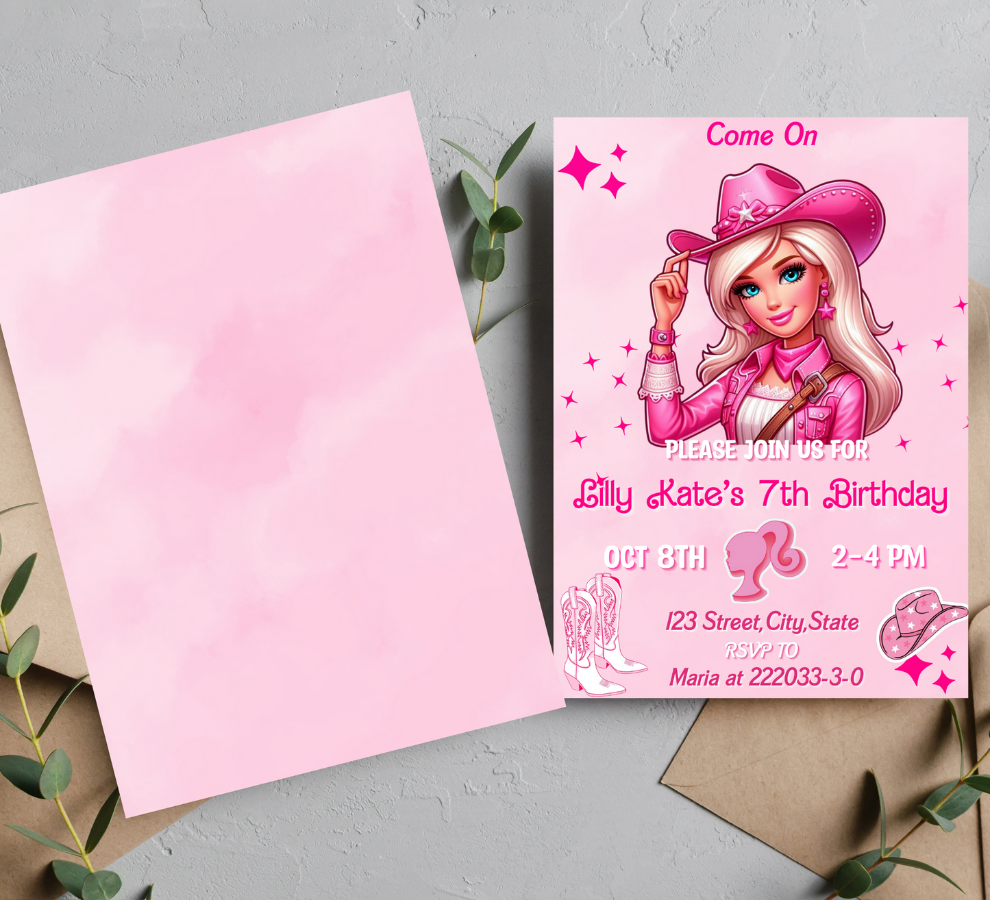 Barbie Cowboy Pink Birthday Invitation | Editable Canva Template | Western Party Invite | Printable Girls Birthday Invitation