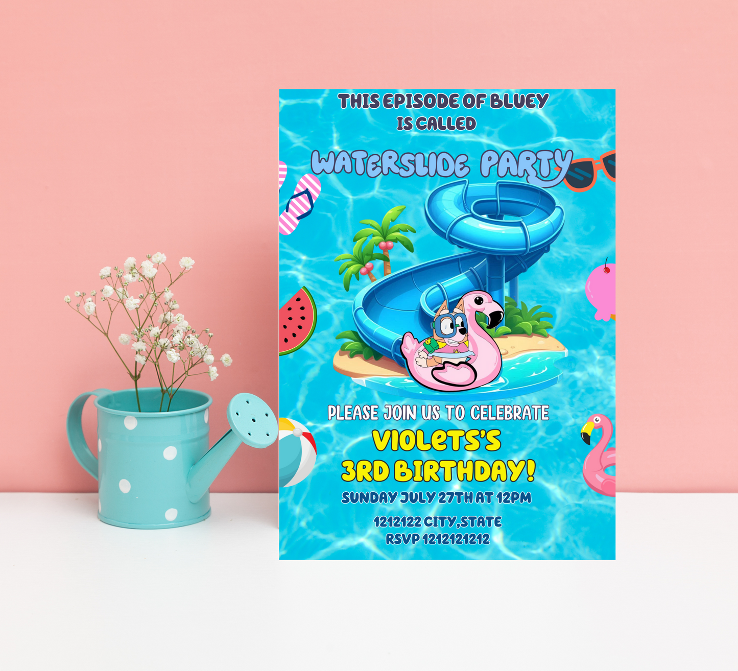 Bluey Waterslide Pool Birthday Invitation 🌊🏄‍♂️ | Bluey Swim Party Invite | Editable Canva Template | Printable Kids Summer Birthday | Bluey & Bingo Splash Pad Party | Boys & Girls Tropical Pool Bash | Wackadoo Summer Invite