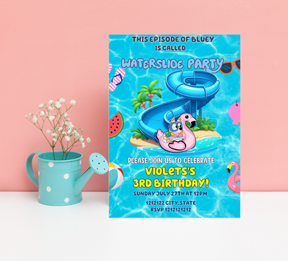 Bluey Waterslide Pool Birthday Invitation 🌊🏄‍♂️ | Bluey Swim Party Invite | Editable Canva Template | Printable Kids Summer Birthday | Bluey & Bingo Splash Pad Party | Boys & Girls Tropical Pool Bash | Wackadoo Summer Invite