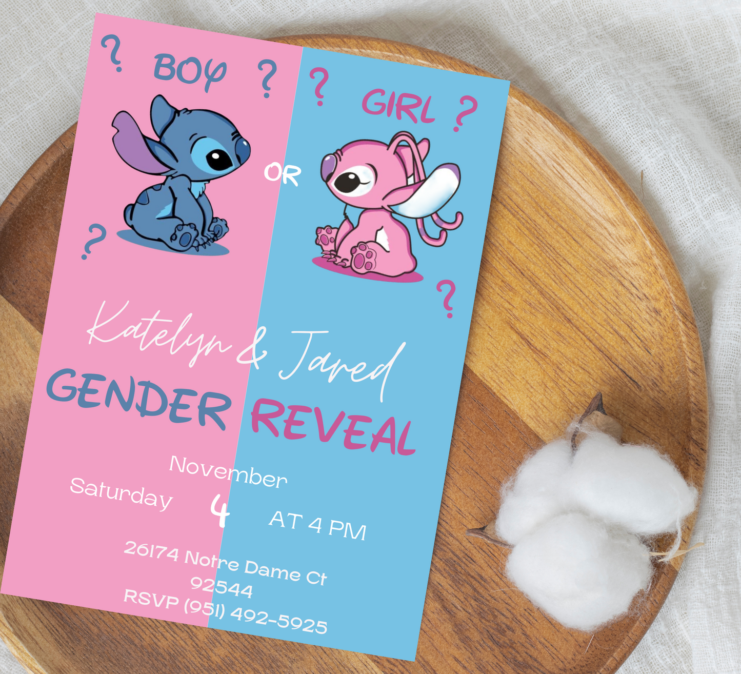 Stitch and Angel Gender Reveal Invitation | Pink & Blue Baby Reveal | Editable Canva Template | Cute Printable Baby Shower Invite