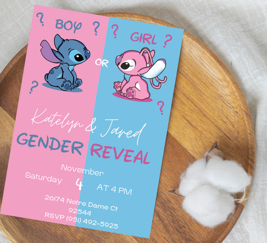 Stitch and Angel Gender Reveal Invitation | Pink & Blue Baby Reveal | Editable Canva Template | Cute Printable Baby Shower Invite