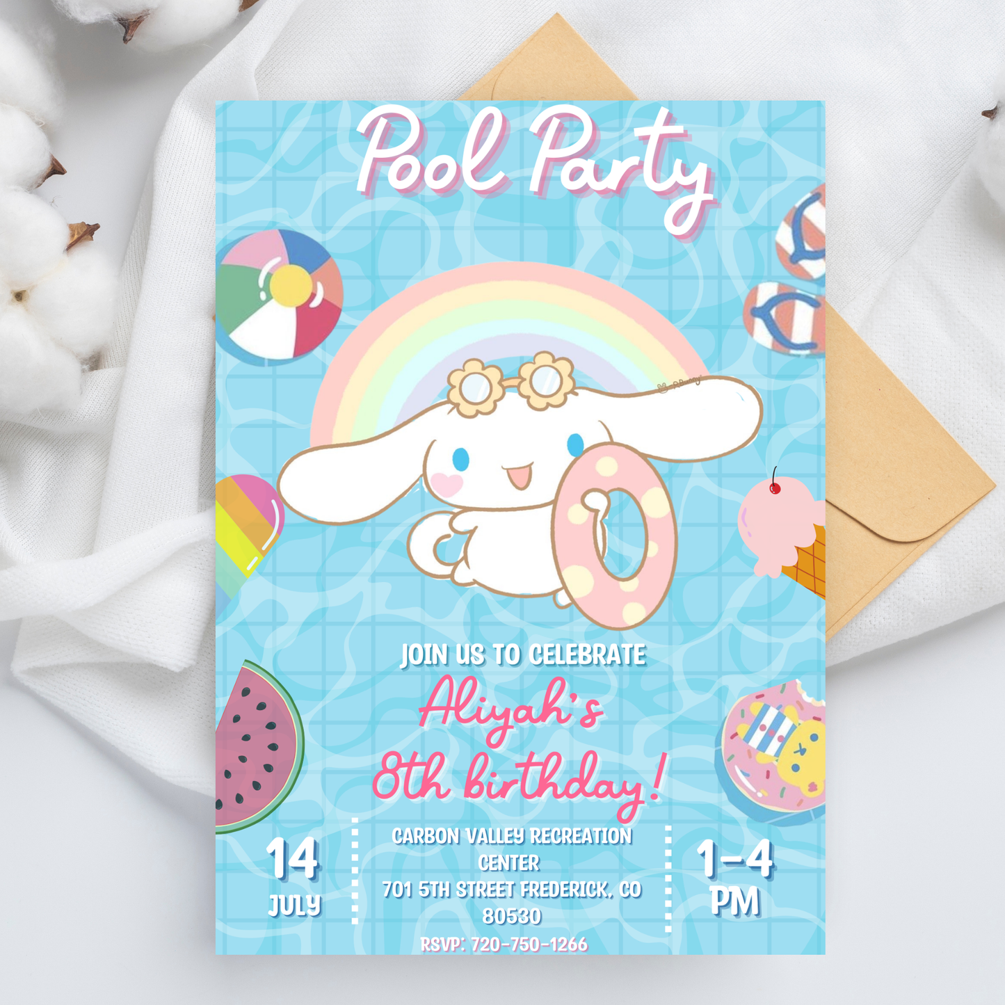 Cinnamoroll Kawaii Pool Birthday Invitation | Pastel Blue Summer Swim Invite | Editable Canva Template | Cute Aesthetic Splash Bash