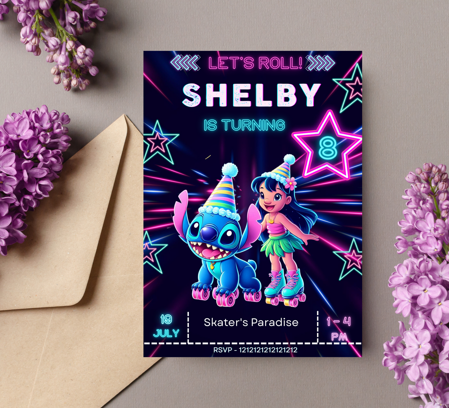 Stitch & Lilo Neon Roller Skating Birthday Invitation | Editable Canva Template | Kawaii Glow Party Invite | Printable Kids Birthday Invitation