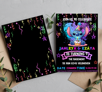 Stitch Neon Birthday Invitation with Two Names | Glow Party Invite | Editable Canva Template | Printable Neon Kids Birthday Invitation