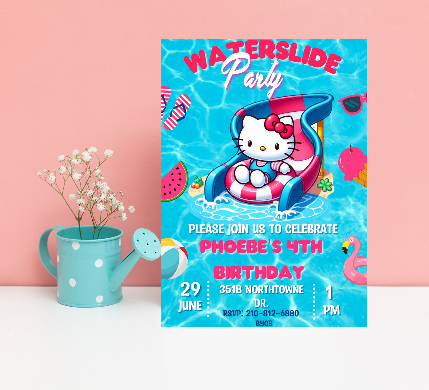 Hello Kitty Waterslide Birthday Invitation | Kawaii Pool Party Invite | Editable Canva Template | Summer Swim Birthday Printable