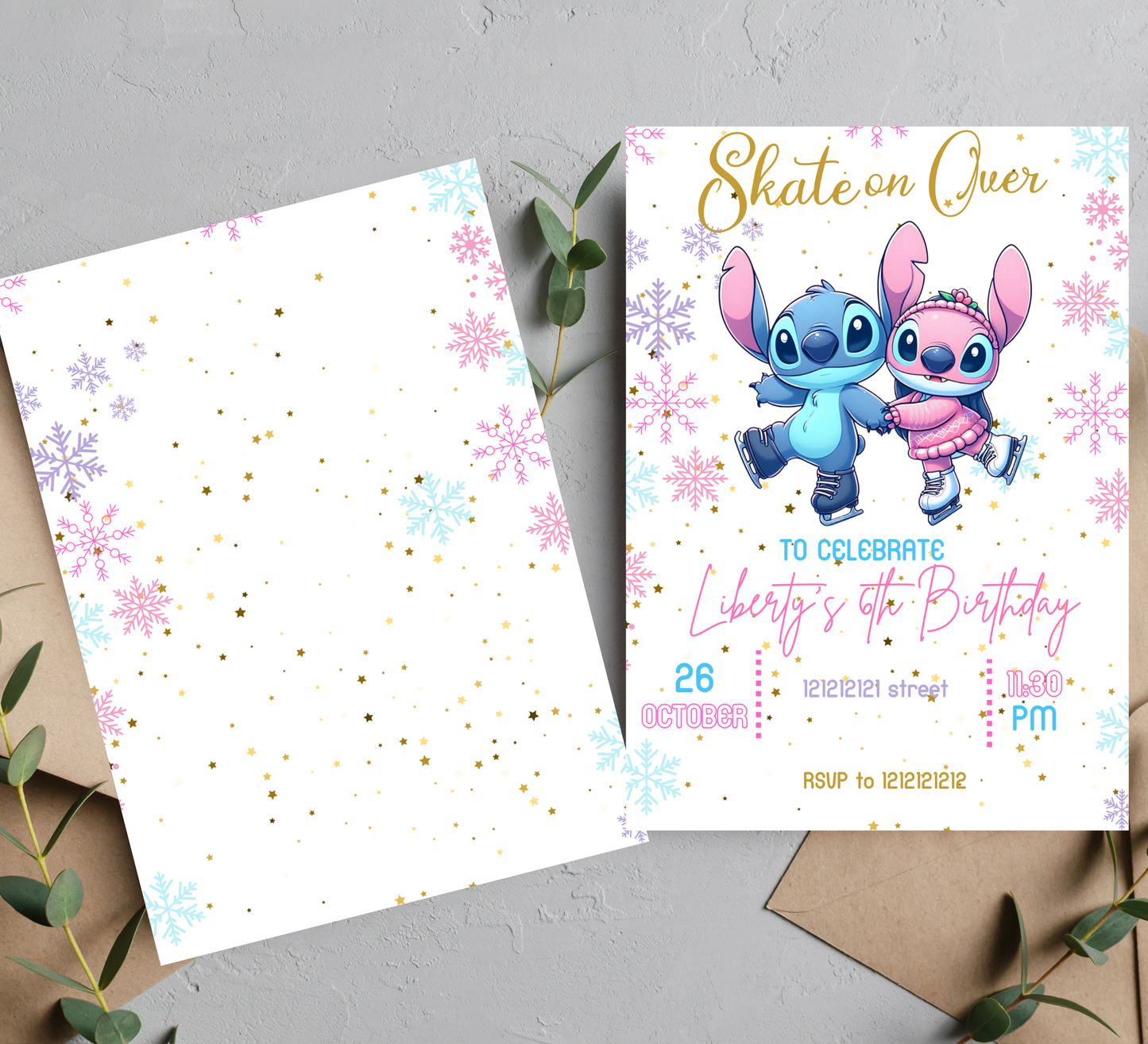 Stitch & Angel Ice Skating Winter Birthday Invitation | Snowy Birthday Party Invite | Editable Canva Template | Cute Winter Celebration Invitation