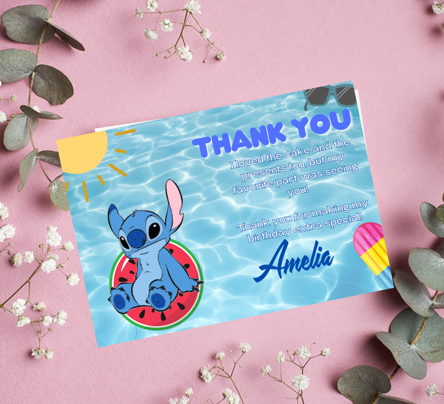 Stitch Blue Pool Birthday Invitation | Tropical Summer Party | Editable Digital Invite