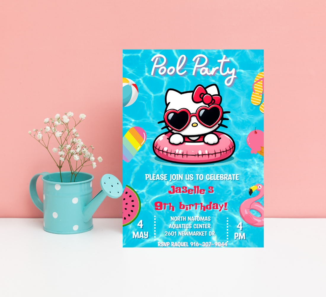 Hello Kitty Blue Pool Party Birthday Invitation | Kawaii Summer Swim Invite | Editable Canva Template | Cute Printable Birthday Invitation