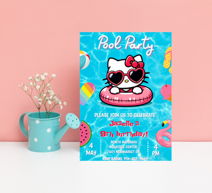 Hello Kitty Blue Pool Party Birthday Invitation | Kawaii Summer Swim Invite | Editable Canva Template | Cute Printable Birthday Invitation