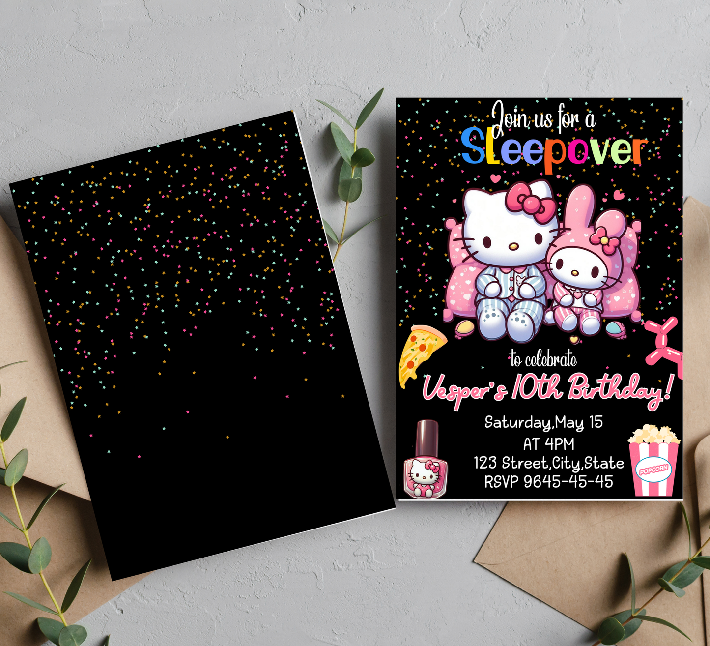 Hello Kitty & My Melody Neon Sleepover Birthday Invitation | Kawaii Slumber Party Invite | Editable Canva Template | Glow Party Birthday Invitation