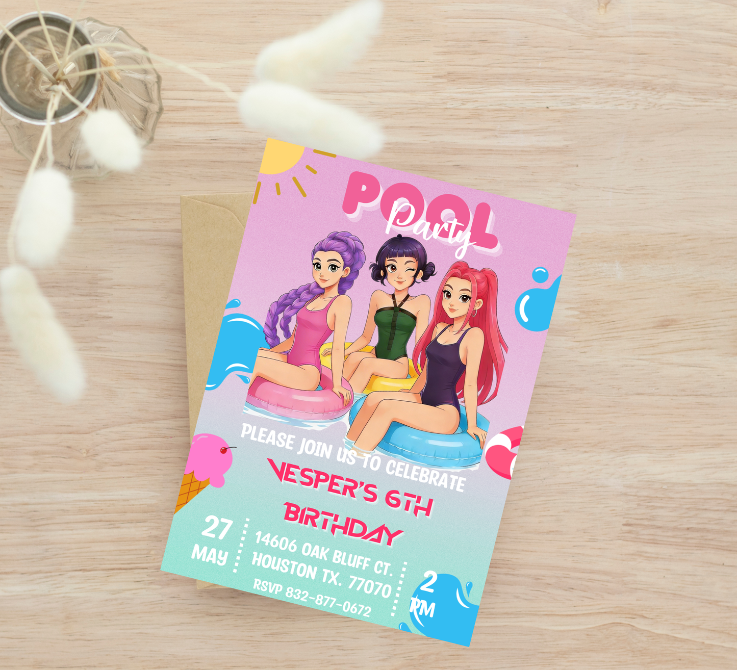 K-Pop Demon Hunters Birthday Invitation | Rumi Mira Zoey Pool Party | Editable Canva Template | Anime Idol Summer Splash Invite | Modern K-Pop Aesthetic