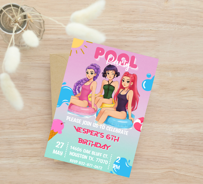 K-Pop Demon Hunters Birthday Invitation | Rumi Mira Zoey Pool Party | Editable Canva Template | Anime Idol Summer Splash Invite | Modern K-Pop Aesthetic