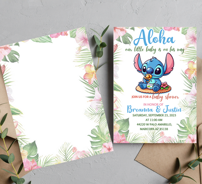 Aloha Baby Shower Stitch Tropical Invitation | Editable Canva Template | Kawaii Hawaiian Baby Party Invite | Printable Gender Neutral Baby Shower