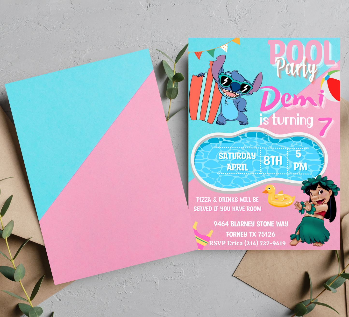 Stitch & Lilo Pink Blue Pool Birthday Invitation | Editable Canva Template | Tropical Swim Party Invite | Printable Kids Summer Birthday