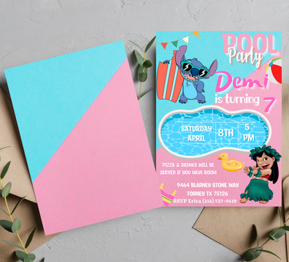 Stitch & Lilo Pink Blue Pool Birthday Invitation | Editable Canva Template | Tropical Swim Party Invite | Printable Kids Summer Birthday