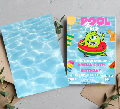 Monsters Inc Mike & Sulley Pool Birthday Invitation 👾💦 | Summer Swim Party | Editable Canva Template