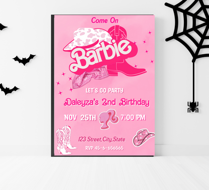 Barbie Cowboy Pink Birthday Invitation | Editable Canva Template | Western Themed Girls Party Invite | Printable Birthday Invitation