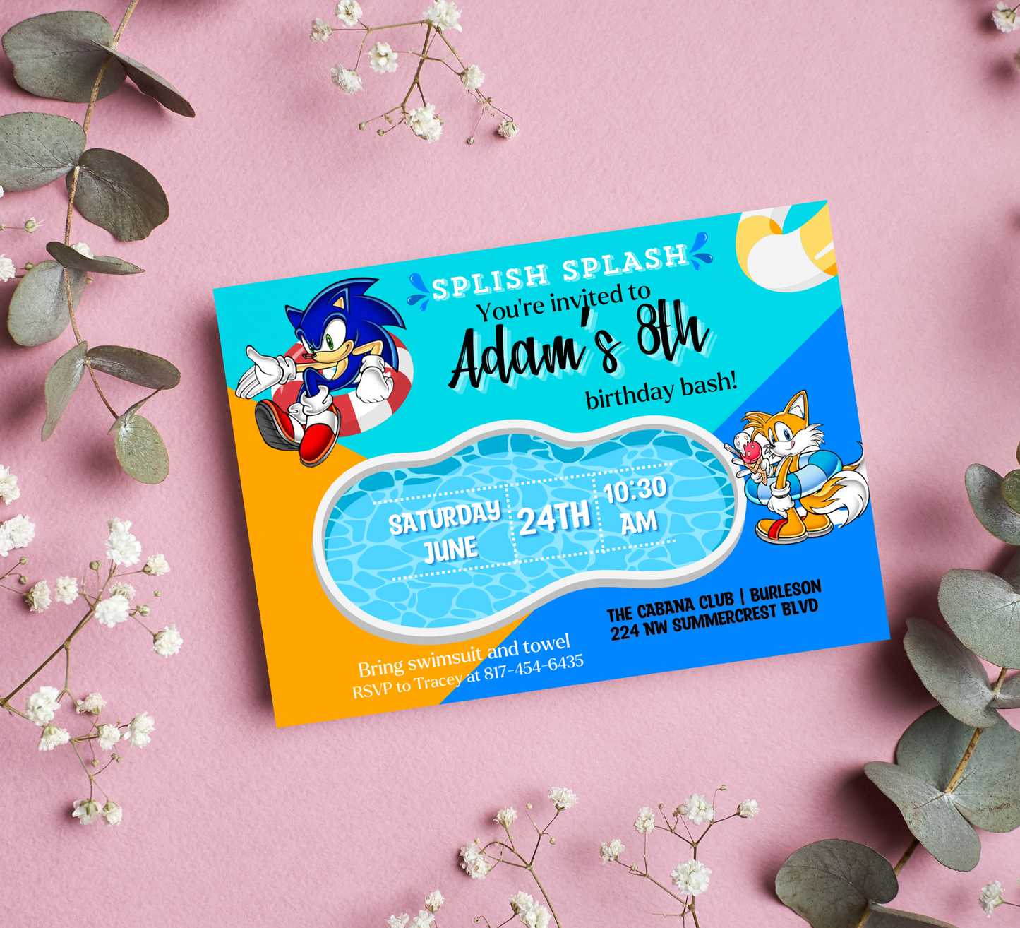 Sonic Pool Birthday Invitation | Summer Splash Party Invite | Editable Digital Template