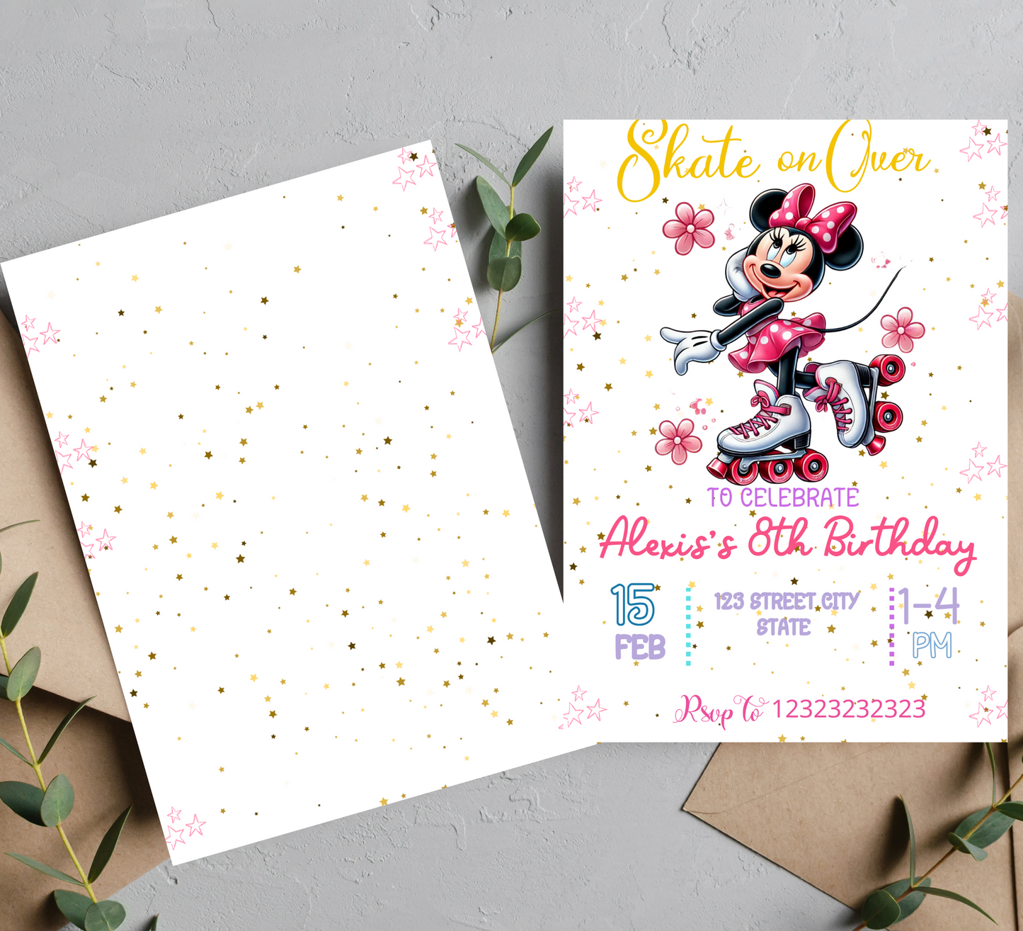 Minnie Mouse Pink Roller Skating Birthday Invitation | Cute Roller Rink Party | Editable Canva Template | Girls Skating Birthday Invite