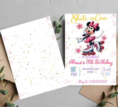 Minnie Mouse Pink Roller Skating Birthday Invitation | Cute Roller Rink Party | Editable Canva Template | Girls Skating Birthday Invite